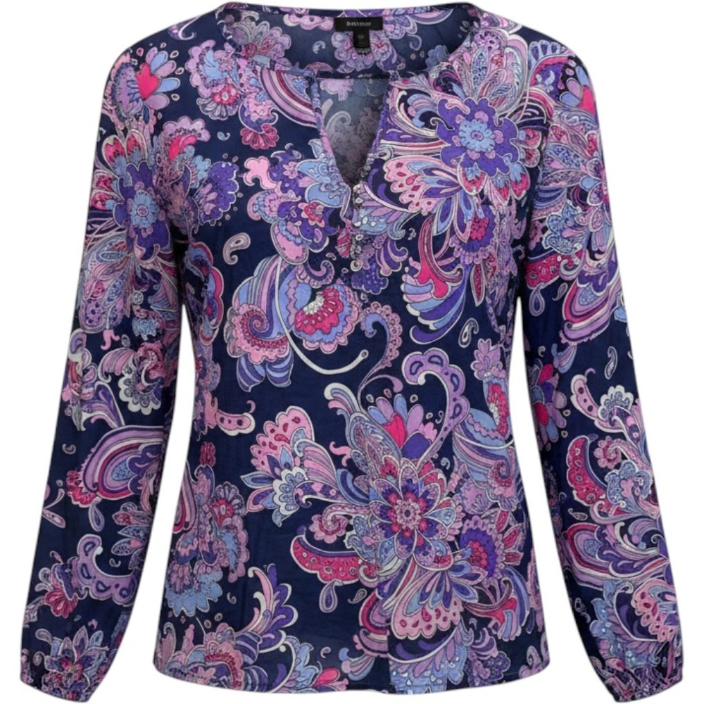 Talbots Blouse Sz L Paisley Floral Navy Pink Purple Tie Neck Long Sleeve Boho